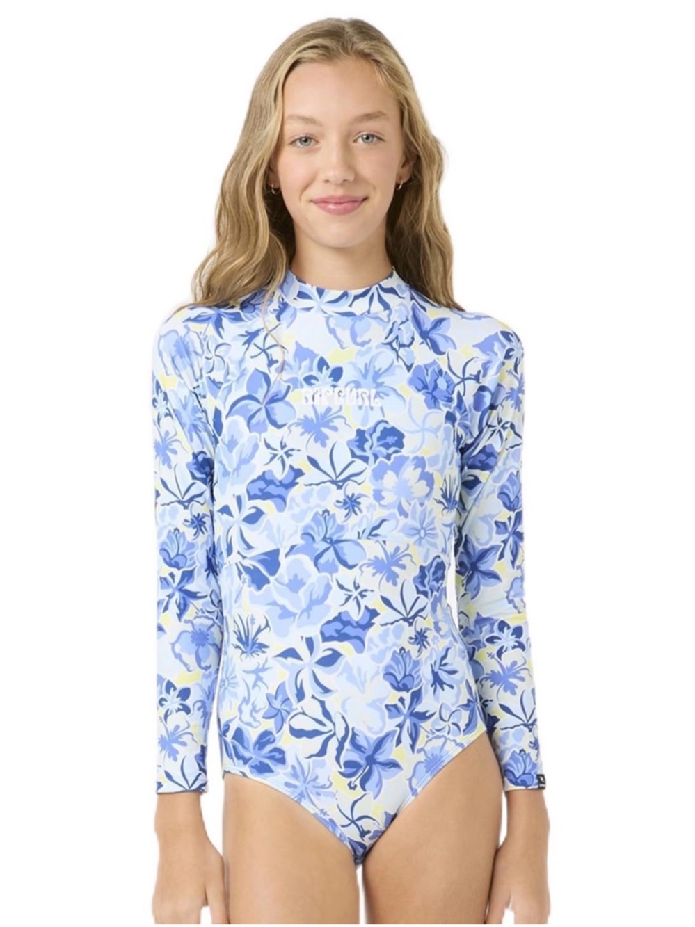 Girls' Long Sleeve Blue Floral Swimsuit